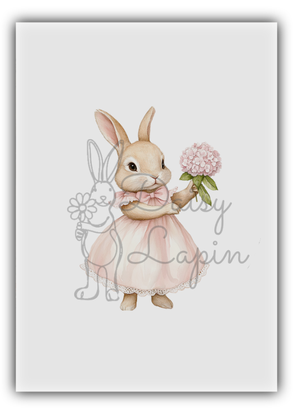 Rose Bunnies- Bunny in a pink dress with a hydrangea
