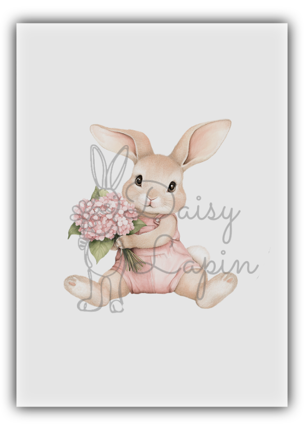 Rose Bunnies- Bunny sitting with a pink hydrangea