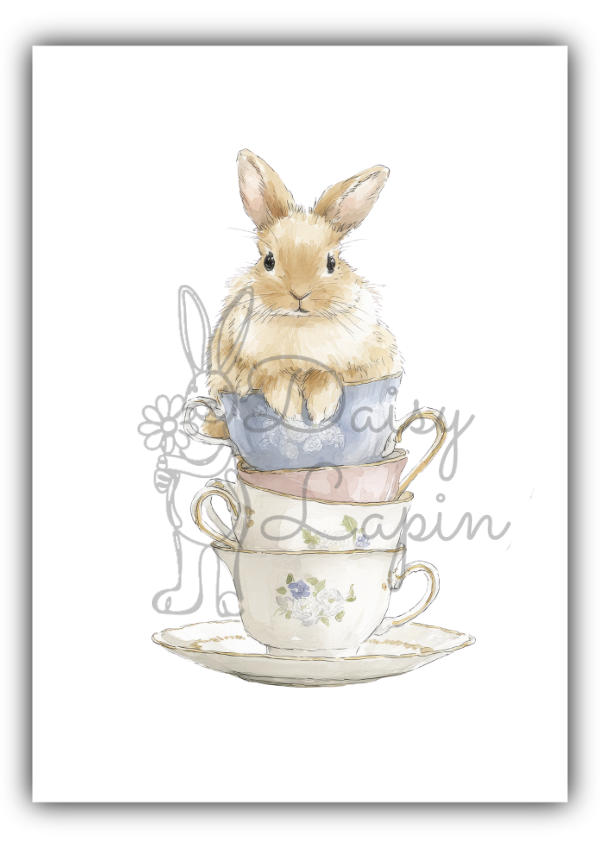Sugar Bunnies- Bunny sitting a stack of cups with blue and pink cups